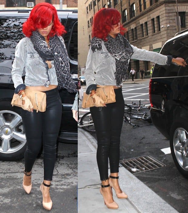 Rihanna wearing jeans by J Brand, clutch by Alexander McQueen, Mary Jane pumps by Lanvin, and a leopard printed scarf by YSL