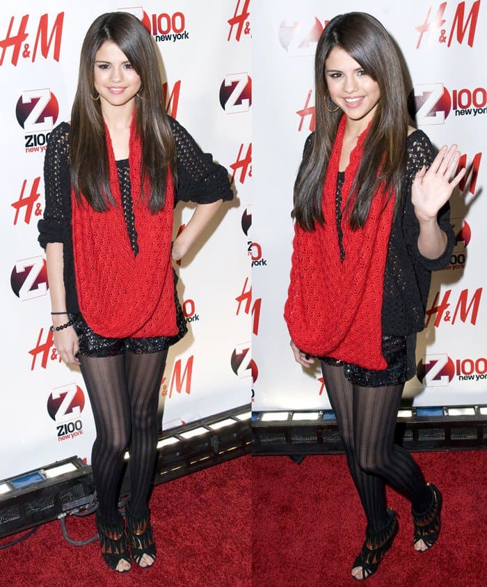 Selena Gomez wearing a red knitted scarf