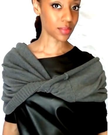 Twist scarf to create a bow effect on your off-shoulder wrap