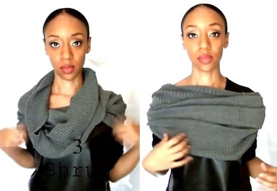 Shaina wears the infinity scarf as a regular shoulder wrap and an off-shoulder wrap