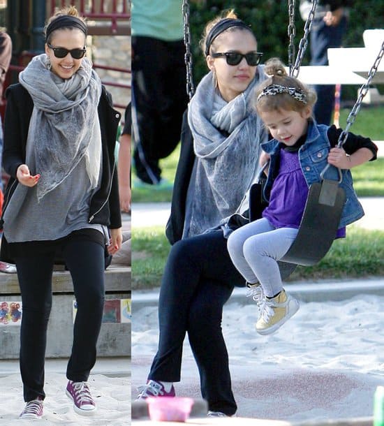Jessica Alba in a scarf at the park in Beverly Hills with daughter Honor Marie Warren