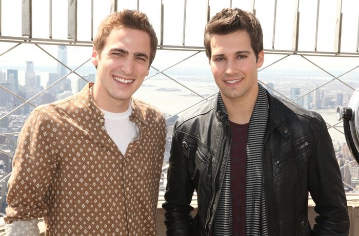 'Big Time Rush' boy band members, James Maslow and Kendall Schmidt, visit the Empire State Building on April 17, 2013 in New York City