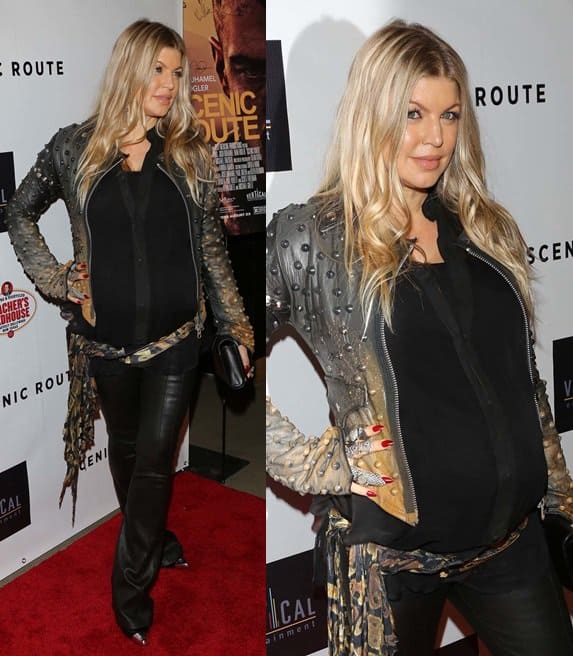 Fergie wearing a scarf belt with a grey studded leather jacket