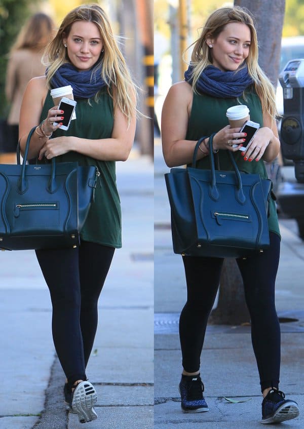 Hilary Duff matches infinity scarf with her Celine bag