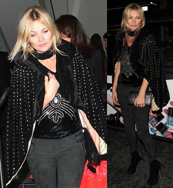 Kate Moss rocks a studded blouse with a black velvet cape embellished with micro studs
