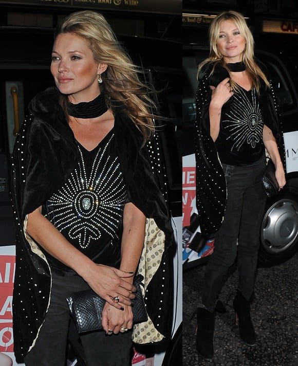 Kate Moss in skinny jeans attends the Rimmel London 180 Years of Cool party