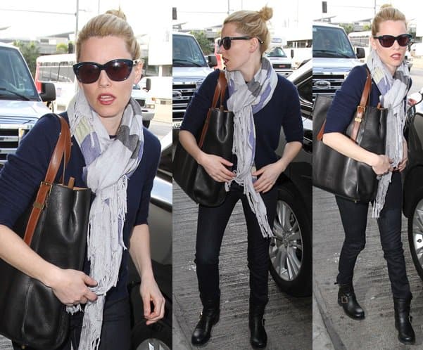 Elizabeth Banks wears a long scarf at LAX airport