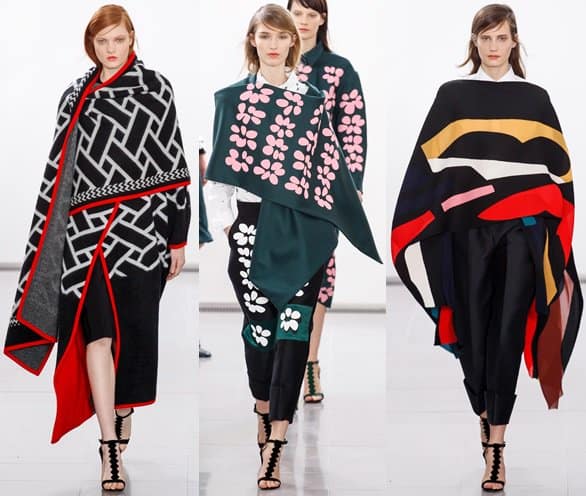 Spotted in full force on the Issa fall 2014 runway were oversized wraps with bold and bright patterns