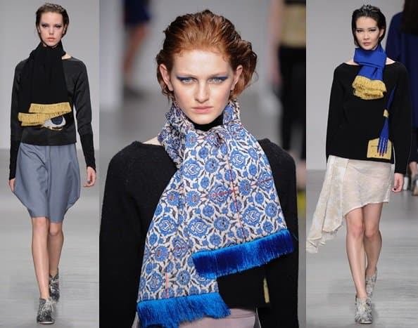 Heavily fringed scarves reminiscent of rugs and carpets ruled the fall 2014 Osman runway during London Fashion Week