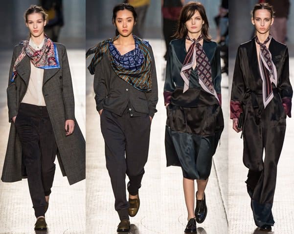 Printed silk scarves cap off the many masculine-feminine looks of Paul Smith's fall 2014 collection