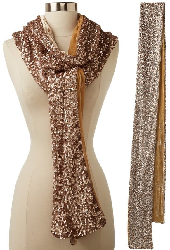 Sequins spangle a show-stopping scarf complemented with velvet
