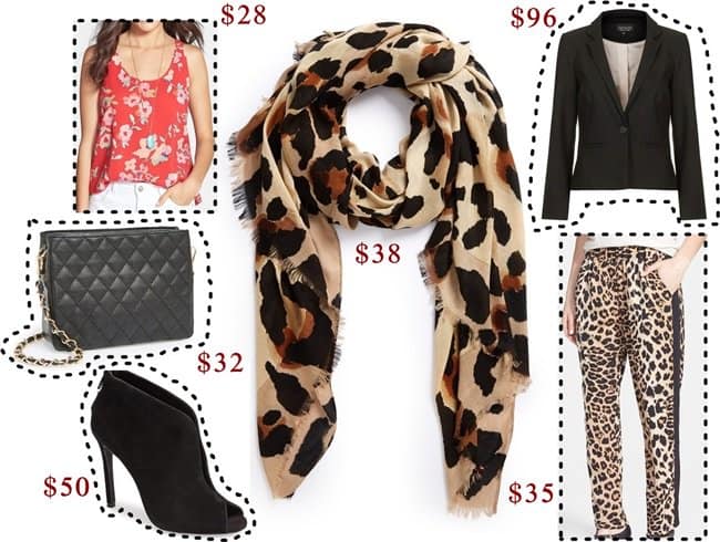 Scarf: Vince Camuto Cheetah Calling Wrap / Trousers: RD Style Animal Print Stripe Pants / Shoes: Steve Madden Imaginee Peep Toe Booties / Jacket: Topshop Alexa Crop Jacket / Blouse: Rubbish A-Line Floral Tank / Purse: NB Handbags Quilted Crossbody