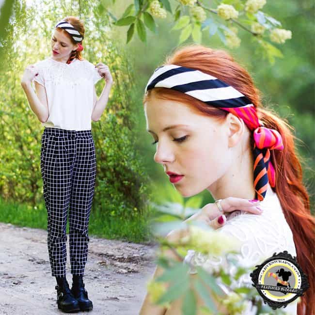 Evamaria styles her funky black-and-white outfit with a ladylike twist by wearing a scarf as a headband