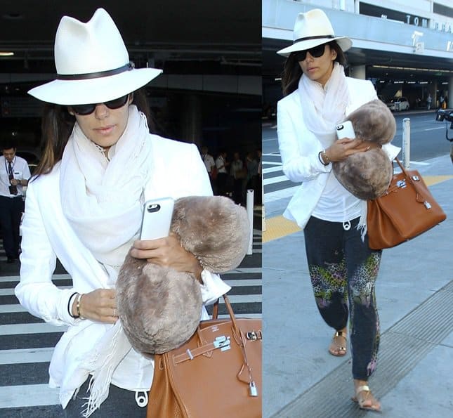 Eva Longoria arrives with her a tan Hermes Birkin bag at LAX after a very long flight