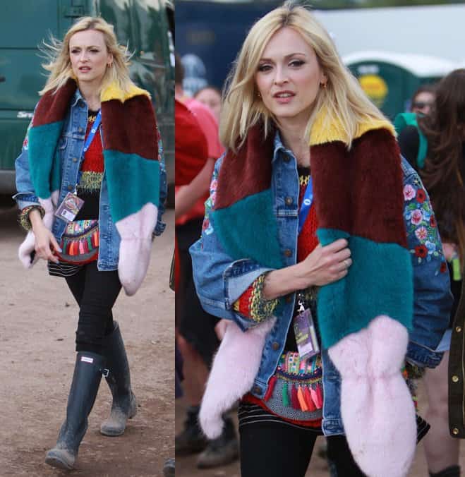 Fearne Cotton attends the 2014 Glastonbury Festival in a very colorful layered outfit
