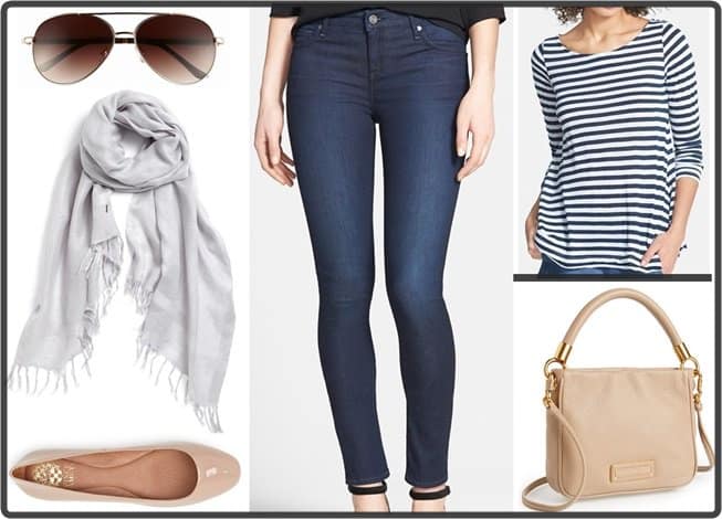 FE NY 56mm Sunglasses, $22 / Halogen Linen Blend Scarf, $29 / Vince Camuto Cavari Ballet Flats, $98 / Joie Stretch Skinny Jeans, $208 / Splendid Glen Valley Striped Top, $78 / MARC by Marc Jacobs Too Hot to Handle Crossbody, $248
