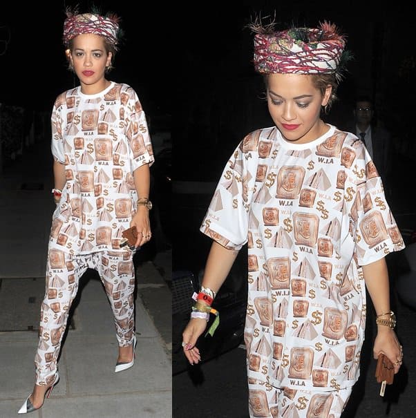 Rita Ora wearing a W.I.A. Collections Rich Egipt long T-shirt and matching W.I.A. Collections Rich Egipt crop pants and Christian Louboutin Miss Rigidaine pumps