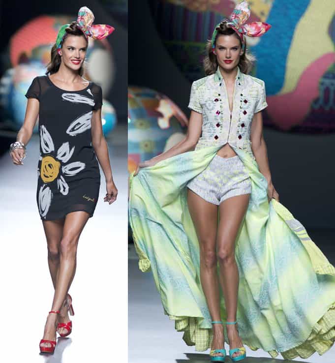 lessandra Ambrosio gracefully walks the Spring 2015 runway of Spanish label Desigual, her head adorned with a whimsical and oversized bunny ears scarf, adding a playful and unique touch to her look in Madrid