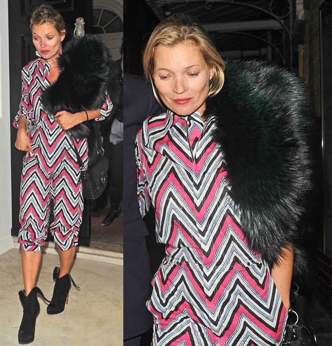 Kate Moss attends a birthday party in London while decked in a printed jumpsuit and fur