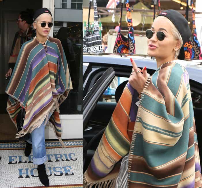 Rita Ora sports a striped poncho as she heads to Electric Cafe in Notting Hill