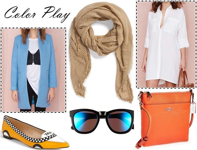 NastyGal Some Like It Hot Coat, $138 / Collection XIIX Blanket Wrap, $32 / NastyGal Hideaway Tunic, $58 / Coach Leather Crossbody Bag, $145 / Wildfox Classic Fox Deluxe Sunglasses, $179 / Kate Spade Go Flats, $278