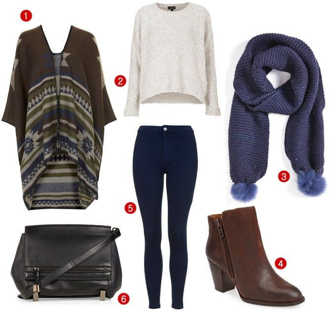 1. Topshop Geo Print Poncho, $60 / 2. Topshop Boucle Knit Sweater, $68 / 3. UGG Australia Lyla Sequined Scarf, $95 / 4. Sofft Wera Leather Boots, $150 / 5. Topshop Moto Joni Jeans, $65 / 6. Topshop Crossbody Bag, $68
