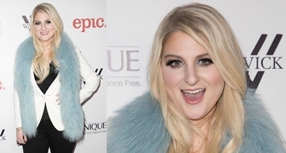 Meghan Trainor Dazzles With Blue Fur Scarf for Album Release Party