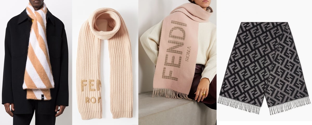Fendi scarves are made in Italy mostly from 95% wool and 5% silk blend, with the most popular style incorporating the signature FF design